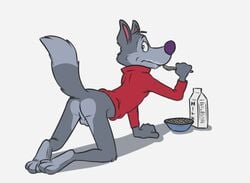 1boy all_fours anthro ass backsack balls bottomless canine caught cereal chip_the_wolf clothed clothing eating embarrassed erection fur grey_fur half-dressed male male_only mammal mascot milk milk_carton paws penis perineum raised_tail rotten_robbie saliva solo tuft wolf