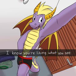 1boy anthro black_underwear briefs bulge changing_room clothing crotch_grab dragon dressing_room english_text fuze looking_at_viewer male male_only purple_eyes purple_scales scalie selfie snapchat solo spyro spyro_the_dragon text underwear video_games western_dragon wings