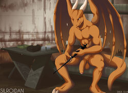 2014 anthro balls barefoot bed dragon flaccid gun hi_res jar male male_only mattress nude penis ranged_weapon scalie shiuk silroidan sitting solo table torn_wings uncut weapon yellow_eyes