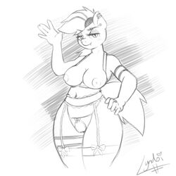 5_fingers anthro anthrofied areola breasts clothing ear_piercing equine eyebrow_piercing facial_piercing fan_character fangs female friendship_is_magic half-closed_eyes horse legwear lyndoi227 mammal monochrome my_little_pony nipples piercing plain_background pony pussy sketch solo stockings waving white_background wide_hips