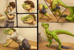 2014 animal_genitalia ass blue_eyes brown_hair bulge claws clothing comic cum cumshot dinosaur experiment feathers feral genital_slit growth hair hi_res human inside lizardlars male male_only mammal masturbation nude open_mouth orgasm penis raptor saliva science sequence slit solo teeth torn_clothing transformation