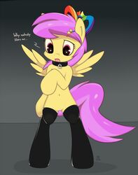 2014 anthro collar english_text equine fan_character female friendship_is_magic fur hair hairbow legwear mammal my_little_pony navel nude omiart pegasus pink_eyes pink_hair pussy solo standing stockings sunny_rays_(mlp) text wings yellow_fur young