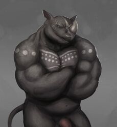 1boy anthro belly biceps big_muscles black_skin blue_eyes crossed_arms fishbook5 flaccid grey_skin hendrik horn humanoid_penis krokodainer looking_at_viewer male male_only mammal muscles nude pecs penis plain_background pose rhinoceros scalie smile solo vein