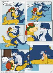 abs anal anthro anus balls bandai biceps blush bowser_koopa_junior_(roommates) close-up comic couple digimon dreamous_(writer) duo english_text flamedramon gay giancarlo_rosato heart hi_res horn koopa male male/male male_only mario_(series) muscles nintendo nipples nude paws pecs penis piercing raised_tail roommates_(comic) scales scalie simple_background spelunker_sal text uncut yaoi