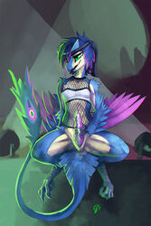 2014 anthro avian blue_feathers dasaki fishnet girly male masturbation nevrean penis precum purple_penis solo zerolativity