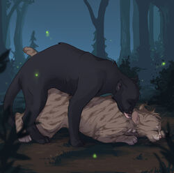 black_fur brown_markings closed_eyes couple crowfeather_(warriors) digitigrade duo feline feline female feral from_behind fur happy happy_sex jessyr leafpool_(warriors) licking male mammal markings outside penetration sex smile straight tan_fur tongue tongue_out warriors_(cats) whiskers white_markings