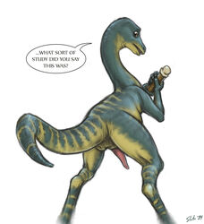 2014 anus back dinosaur dinotopia english_text erection feral holding looking_at_viewer looking_back male nude penis plain_background rear_view scalie scroll slate solo speech_bubble text white_background zippo_(dinotopia)