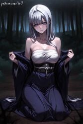 ai_generated artist_name bandages bandaid bandaid_on_face bangs bare_shoulders bir0 black_sash blue_eyes blunt_bangs blush breasts chest_sarashi childhood_friend_of_the_zenith cleavage closed_mouth clothing collarbone female forest full_body grey_hair hair_intakes hakama japanese_clothes kimono kneeling large_breasts long_hair long_sleeves looking_at_viewer namgung_biah nature night obi off_shoulder open_clothes open_kimono outdoors purple_kimono robe sarashi sash seiza sitting skirt solo traditional_clothes tree undressing very_long_hair wafuku webtoon white_hair wide_sleeves