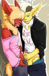 amadeusvirus anthro balls clothing crossdressing duo eeveelution erection flareon frottage furry furry_only gay girly jolteon male masturbation nintendo pants pants_down penis pokemon precum saliva sex simple_background tongue tongue_out video_games