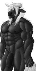 1boy abs anthro balls biceps big_muscles big_penis black_fur black_nipples bovine cattle flaccid fur green_eyes grey_hair hair horn humanoid_penis male male_only mammal muscles nipples nude pecs penis plain_background pose solo toned uncut vein white_background zwolf