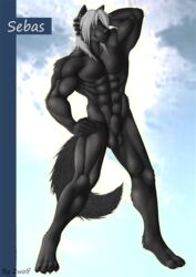 1boy abs anthro balls barefoot biceps black_fur black_nipples black_nose canine claws color fur green_eyes grey_hair hair long_hair looking_at_viewer male male_only mammal muscles nipples nude pecs penis pose sebas sheath signature solo toe_claws toned wolf zwolf