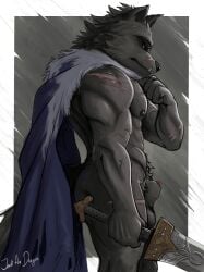 abs abstract_background absurd_res animal_genitalia animal_penis anthro balls bara blaidd_(elden_ring) canid canine canine_genitalia canine_penis canis cape cape_only clothed clothing elden_ring fangs foreskin fromsoftware fur genitals grey_body hi_res holding_melee_weapon holding_object holding_sword holding_weapon jack_the_dragon male male_only mammal masculine melee_weapon mostly_nude muscular muscular_anthro muscular_male mythological_canine mythological_creature mythology nipples partially_clothed penis penis_tip pubes purple_eyes scar sheath side_view simple_background solo solo_male standing sword tail teeth weapon werecanid werecanine werecreature werewolf wolf
