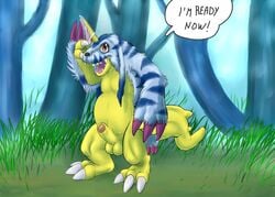 balls bandai condom digimon english_text gabumon grass horn male monsterblender muscles obese outside overweight pecs pelt penis penis_tip sheath solo text tree