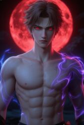 3d abs ai_generated anime gay luxin male male_only moon muscular muscular_male night red_eyes red_moon series since_the_red_moon_appeared white_hair yaoi