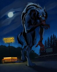 anthro black_body black_fur blood blood_on_face blood_on_hand blood_spatter blood_splatter bodily_fluids breasts canid canine claws digitigrade english_text evergreen_tree female forest full_moon fur glowing glowing_eyes guardrail hand_lick hi_res licking mammal massacre moon mythological_canine mythological_creature mythology night nude outside paul_defenbaugh personal_grooming pine_tree plant restaurant sign solo star text tongue tongue_out tree truck vehicle waffle_house walking werecanid werecanine werecreature werewolf window yellow_eyes