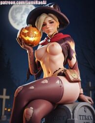 1girls 3d ai_generated blush breasts crossed_legs graveyard holding_object looking_at_viewer lumirae mercy moon night overwatch overwatch_2 partially_clothed patreon_url pumpkin sitting solo witch witch_mercy