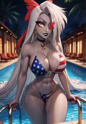 1girls abs ai_generated american_flag_bikini athletic athletic_female bikini dark-skinned_female dark_skin eye_patch female female_focus fit fit_female hazbin_hotel hi_res high_resolution long_hair looking_at_viewer muscular muscular_female necklace pool poolside upscaled vaggie_(hazbin_hotel) white_hair yellow_eyes