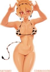 1girl armpits arms_up ass_visible_through_thighs bangs bangs_between_eyes belly_button big_breasts blonde_hair bottomless bottomless_female breasts clean_shaven collarbone commission cow_girl cow_horns cow_print cow_print_bikini cow_tail disgaea disgaea_2 earrings female female_only hourglass_figure katsunei nippon_ichi_software pointy_ears pose pussy red_eyes rock_n_roll_sign rozalin shaved_pussy smile solo solo_female standing thick_thigs thin_waist updo vagina white_background