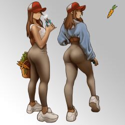 ass_focus brown_hair cap chiotosaurio farmgirl hoodie lina_(celina_quintana) original original_character solo_female