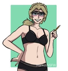 black_bra black_panties black_underwear blonde_hair glasses green_eyes holding_object looking_at_viewer not_ai_generated not_furry only_female pencil ponytail risobase risobase_fanart sfw_version