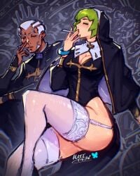 1boy1girl artist_name cleavage curvy curvy_figure dark-skinned_male enrico_pucci female female_focus foo_fighters green_hair hatidraw jojo's_bizarre_adventure light-skinned_female lipstick male priest priestess smoking stone_ocean tagme thick_thighs thighhighs thighs voluptuous_female white_hair
