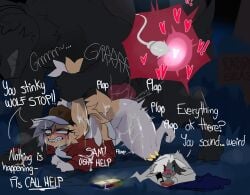 2d anthro biting_lip biting_own_lip bottomless bottomless_female calling_for_help canid canid_humanoid canine canine_humanoid canine_penis crying crying_with_eyes_open cum cum_inside cum_on_body ear_grab eyes_rolling_back forest furry heterochromia humanoid impregnation night outdoor_sex outdoors outside part_1 phone phone_call pinned_arm rabbit rabbit_girl rape raped_by_monster ri_denueth sex sign sperm_meets_ovum text two-tone_fur werewolf