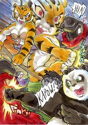 1girls 2014 2boys anthro bear better_late_than_never breasts cleavage clothed clothing comic daigaijin english_text feline female fight fur furry group kung_fu_panda male mammal master_po_ping master_tigress multiple_boys page_292 panda polearm pussy staff straight text tiger