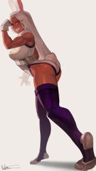 absurdres animal_ears ass athletic_female bare_shoulders biceps big_breasts boku_no_hero_academia breasts clenched_hand commentary covered_abs crescent_print dark-skinned_female dark_skin english_commentary female flexing from_side fur_collar gloves hand_up highleg highleg_leotard highres katsu_(katsuslider) large_breasts legs leotard long_eyelashes long_hair looking_at_viewer mirko miruko muscular_female my_hero_academia parted_bangs purple_thighhighs rabbit_ears rabbit_girl rabbit_tail red_eyes rumi_usagiyama shadow signature simple_background smile solo tail tail_through_clothes taut_leotard thick_thighs thighhighs thighs toned toned_female usagiyama_rumi very_long_hair white_background white_gloves white_hair white_leotard