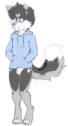 1boy anthro balls bottomless canine clothed clothing digitigrade half-dressed male male_only mammal penis penis_tip plain_background sheath solo tobicakes