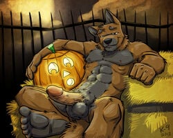 1boy 5_toes abs anthro balls canine halloween hindpaw holidays human_feet k-9 looking_at_viewer male male_only mammal muscles paws penis plantigrade soles solo toes