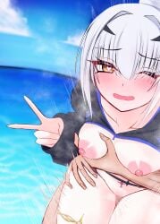 1boy absurdres bent_over black_shrug blue_sky blush breasts censored commentary_request fate/grand_order fate_(series) female forked_eyebrows grabbing_another's_breast groping heart heart-shaped_pupils high_ponytail highres jewelry long_hair long_sleeves looking_at_viewer mcpc_zamurai melusine_(fate) melusine_(swimsuit_ruler)_(fate) melusine_(swimsuit_ruler)_(first_ascension)_(fate) navel nipples nude ocean one_eye_closed open_mouth ponytail pussy sex sex_from_behind shrug_(clothing) sidelocks sky small_breasts smile stomach_tattoo straight symbol-shaped_pupils tattoo thighlet thighs v vaginal_penetration white_hair yellow_eyes