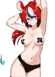 absurdres alternate_costume animal_ears armpits arms_up black_buruma black_hair blue_eyes breasts buruma cleavage commentary cross cross_pasties english_commentary female hakos_baelz highres hololive hololive_english large_breasts linea_alba long_hair midriff mouse_ears mouse_girl mouse_tail multicolored_hair navel pasties red_hair simple_background smile solo stomach streaked_hair tail tape tape_on_nipples ttsyrene virtual_youtuber white_background white_hair