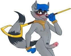 1boy anthro blush cum looking_at_viewer maddogfan male male_only mammal nipples penis presenting raccoon sly_cooper sly_cooper_(series) smooth_fur solo tongue tongue_out