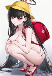 absurdres ai_generated backpack bag blue_archive blush female hat high_heels highres keikiko large_areolae long_hair looking_at_viewer nude original rio_(blue_archive) school_bag school_hat squatting