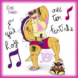 1:1 2021 alcohol alcohol_bottle ambiguous_gender anthro arm_tattoo armband_tattoo armpit_hair artist_logo band-aid band-aid_on_knee band-aid_on_leg bandage barefoot beard beverage bodily_fluids body_hair border bottle bottomwear bracelet brand_parody bruised_knee bulge character_name character_tattoo chest_hair claws clothed clothing colored container dancing detailed_bulge digital_drawing_(artwork) digital_media_(artwork) duo english_text facial_hair fangs feet flying_sweatdrops goomba hand_behind_neck hi_res holding_alcohol holding_bottle holding_container holding_object jewelry koopa koopaling leg_tattoo logo lyrics male male_focus mario_bros meme motion_lines musical_note musical_symbol nintendo number_tattoo pink_beard pink_body_hair pink_border pink_claws pink_facial_hair pink_head pink_pubes pink_toe_claws portuguese_description portuguese_text pubes purple_bottomwear purple_clothing purple_shell purple_shorts red_tongue roy_koopa scalie shell shorts simple_background skol snaggle_teeth solo_focus spiked_bracelet spikes stepping_on_another super_mario_world sweat sweatdrop symbol tattoo teeth text text_tattoo thigh_tattoo tongue tongue_out topless topless_anthro topless_male tremble_spikes vektorthedrakat(artist) wearing_sunglasses white_background wiggler_(mario) yellow_body yoshi_dancing_next_to_an_egg