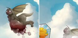 anthro belly belly_expansion big_belly blood bodily_fluids bursting colon comic dragon egg_from_vagina english_text expansion female flying gore hi_res inflation lazygartuz membrane_(anatomy) membranous_wings mythological_creature mythological_scalie mythology nude organs popping pregnant pregnant_anthro pregnant_female scalie solo text wings