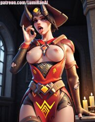 1girls 3d ai_generated ashe_(overwatch) breasts_out fellatio_gesture looking_at_viewer lumirae open_mouth overwatch overwatch_2 partially_clothed solo standing tongue_out warlock_ashe