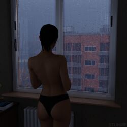 1girls 3d artistic_nude artistic_nudity asian asian_female atmospheric back_view blue_eyes blue_eyes_female brown_hair brown_hair_female chell cozy dark_room exposed_shoulders exposed_torso female intimate intimate_atmosphere looking_out_window looking_outside medium_ass nude_female pale-skinned_female pale_skin panties ponytail ponytail_female portal_(series) portal_2 rain raining rainy rainy_background relaxation relaxed relaxed_pose relaxing solo solo_female solo_focus stumpie topless topless_female viewed_from_behind wholesome wholesome_nudity window