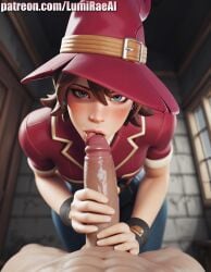 1boy 1girls 3d ai_generated blue_eyes fellatio from_above handjob hat kiriko_(overwatch) large_penis licking_penis looking_at_viewer lumirae overwatch overwatch_2 pov witch witch_kiriko