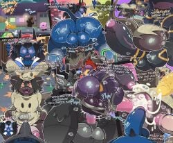 3_eyes absurd_res anal anal_sex anthro anthro_on_anthro anthro_penetrated anthro_penetrating anthro_penetrating_anthro antlers balls billy_(dellinger) black_hair black_sclera blue_body blue_skin bottomless bottomless_anthro bottomless_male clothed clothing curved_horn cyex_(dellinger) deer demon dialogue double_anal double_penetration english_text enko_(mrt0ony) erection erection_under_clothing fangs fellatio foreskin fur genitals grey_body grey_fur grey_hair grey_highlights grey_scales hair halloween hi_res highlights_(coloring) holidays horn humanoid humanoid_genitalia humanoid_penis imp kobold male male/male male_penetrated male_penetrating male_penetrating_male mammal markings mrt0ony multi_eye open_mouth open_smile oral oral_penetration penetration penile penile_penetration penis penis_in_ass profanity pubes purple_body purple_scales scales scalie sex smile speech_bubble spots spotted_body spotted_markings spotted_scales teeth text trick-or-treating yellow_sclera zonai