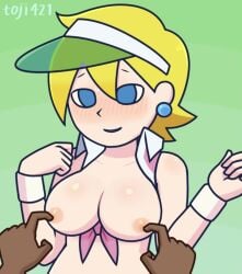 1girls animated artist_name blonde_hair blue_eyes breasts dark-skinned_male dark_skin earrings green_background judy_(pop'n_music) light_skin loop nipple_stimulation nipples no_sound official_style pop'n_music pop'n_music_artstyle simple_background toji_(artist) ugoira upper_body video wristband