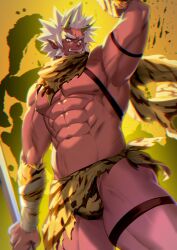 1boy abs armband armpits arms_up armsleeves bara beard beefy biceps big_areola blade breasts bulge bulge_through_clothing forked_eyebrows gay hi_res holding_weapon hunk legband loincloth looking_at_viewer male male_only manly mature_male muscles muscular muscular_arms muscular_legs muscular_male muscular_thighs navel no_body_hair oni oni_horns original original_character pecs pointy_ears quadriceps red_body scar scar_across_eye scar_on_face scar_on_nose scarf shadow sharp_teeth short_hair sideburns six_pack skimpy solo spiky_hair splashing standing teeth_showing thick_eyebrows thick_legs thick_neck tiger_print topless torn_clothes tough_guy veiny_arms veiny_belly waku2xwaku2 white_hair wristband yaoi yellow_background yellow_eyes