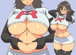 1girls armwear belly_grab big_breasts black_gloves black_hair black_thighhighs bottomwear breast_focus breasts close-up cosplay eyewear female female_only freckles freckles_on_face glasses gloves grabbing_belly hair hips huge_breasts jessie_(pokemon)_(cosplay) legwear lips long_hair mary_aki mayu_naisu multiple_views parted_lips pencil_skirt plump pokemon pokemon_(anime) skirt solo solo_female thick_thighs thighhighs thighs topwear tougen_anki underboob voluptuous voluptuous_female white_skirt wide_hips yellow_eyes