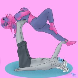 daphne_(lore_olympus) gray_body greek_mythology lore_olympus man_bun pink_body pink_hair pink_skin shirtless shirtless_male silver_hair sports_bra thanatos_(lore_olympus) yoga_ball yoga_pants