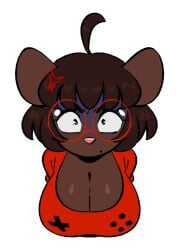 1girls big_breasts big_cleavage breasts brown_hair cleavage clothed clothing copyright_request cute dark-skinned_female dark_skin female furry glasses gwen_martin joaoppereiraus mouse mouse_girl rat shortstack simple_background solo solo_female text