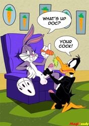 2boys anthro avian balls bird black_feathers buck_teeth bugs_bunny carrot daffy_duck dialogue drooling duck duo easy_chair erection furry furry_only gay grey_fur handjob holding_penis humanoid_penis humor imminent_fellatio imminent_oral kneeling lagomorph looking_at_penis looking_to_the_side looney_tunes magicandy male mammal multiple_males multiple_penises penis penis_size_difference precum pun rabbit saliva soft_feathers spread_legs testicles the_looney_tunes_show toony two_tone_fur warner_brothers white_fur