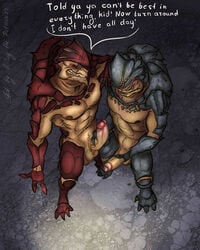 2014 4_balls abs alien anthro balls barefoot biceps big_penis bird's-eye_view blue_eyes blue_skin brown_skin claws comparing dialogue digitigrade duo english_text erection fangs furry gay glans grin high-angle_shot holding_penis humanoid_penis krogan male male_only mass_effect mickey_the_retriever multi_balls multi_genitalia multiple_males muscles nipples nude pecs penis red_eyes red_skin scales scalie slit_pupils teeth text toe_claws toned uncut urdnot_grunt urdnot_wrex vein video_games yaoi