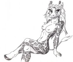 anthro breasts female fur giraffe hair hooves katnay looking_away mammal monochrome navel nipples nude pose sitting smile solo spots