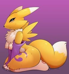 anthro armwear ass bandai_namco biped black_sclera blue_eyes bodily_fluids breasts canid canine claws clothing countershade_torso countershading digimon digimon_(species) dipstick_ears dipstick_tail ear_markings elbow_gloves feet female fox fur gloves gradient_background handwear hi_res kneeling looking_at_viewer mammal markings multicolored_body multicolored_ears multicolored_fur multicolored_tail nipples pawpads paws purple_background renamon ruff seiza simple_background sitting slimefur solo sweat tail tail_markings thick_thighs two_tone_body two_tone_fur white_body white_countershading