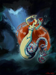 anthro anthrofied breasts bubble cave female fish_tail hair long_hair marine mermaid milotic navel nintendo nipples nude one_eye_closed pokemon pokemorph pose pussy solo straight_hair the_nai underwater water wink